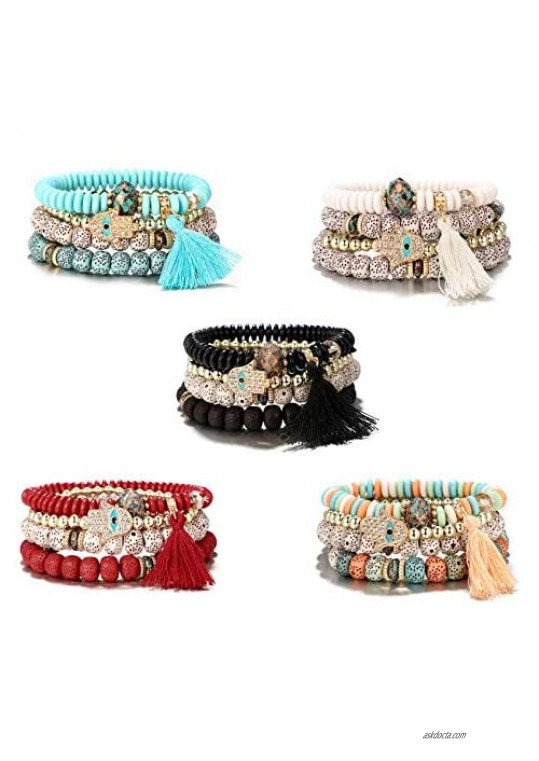 5 Sets Bohemian Stackable Bead Bracelets for Women Stretch Multilayered Erimish Statement Bracelet Set Multicolor Jewelry