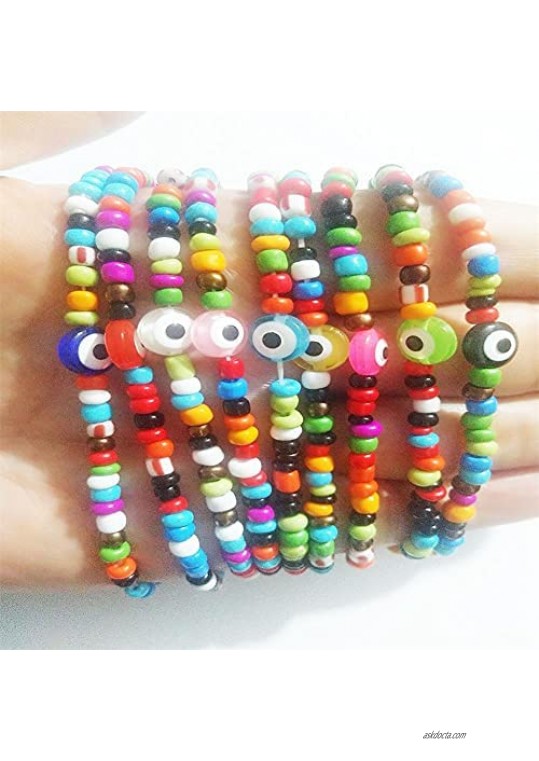 9Pcs Colorful Evil Eye Beaded Bracelets Good Luck Kabbalah Nazar Amulet Eyes Stretch Bracelets Handmade Turkish Religious Symbol Jewelry for Women Girl