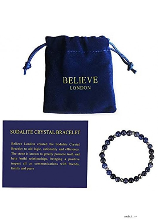 Believe London Sodalite Bracelet with Jewelry Bag & Meaning Card | Strong Elastic | Precious Natural Stones Crystal Healing Gemstone