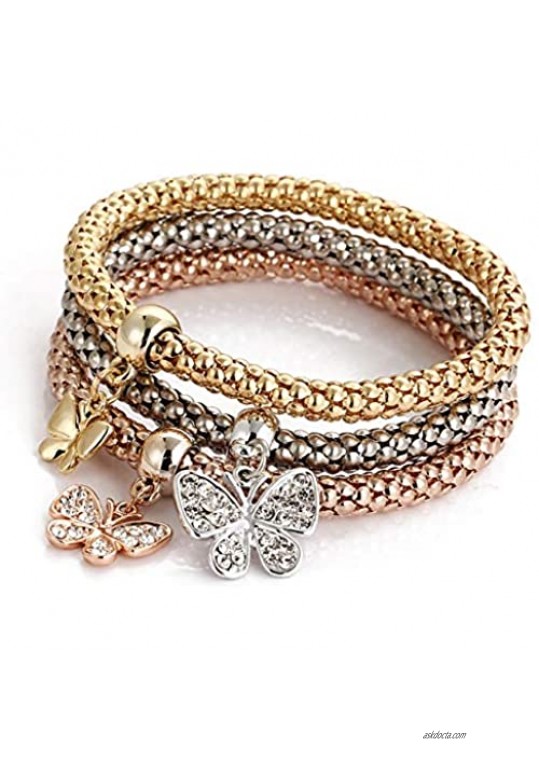 BELLA-Bee 3PCS/Set Multilayer Butterfly Heart Elephant Charms Chain Bracelet Crystal Stretch Bracelet for Women Girls Jewelry