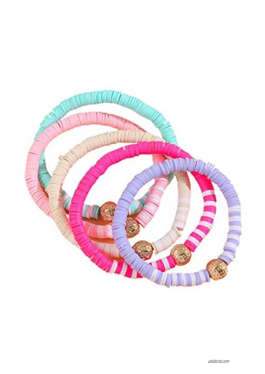 BoAn Heishi Bracelets 5pcs  Rainbow Vinyl Bead Stretch Bracelet Set Polymer Clay Bracelets Elastic Rope Handmade Summer Beach Bracelet Jewelry for Women Girls