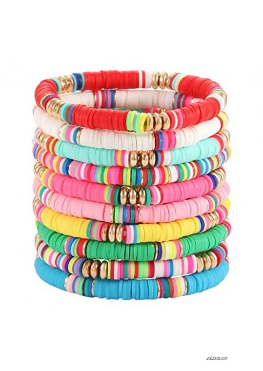 Boderier Heishi Beaded Bracelets for Women Colorful Rainbow Vinyl Disc Bead Stretch Bracelet Stackable Summer Beach Surfer Bracelets