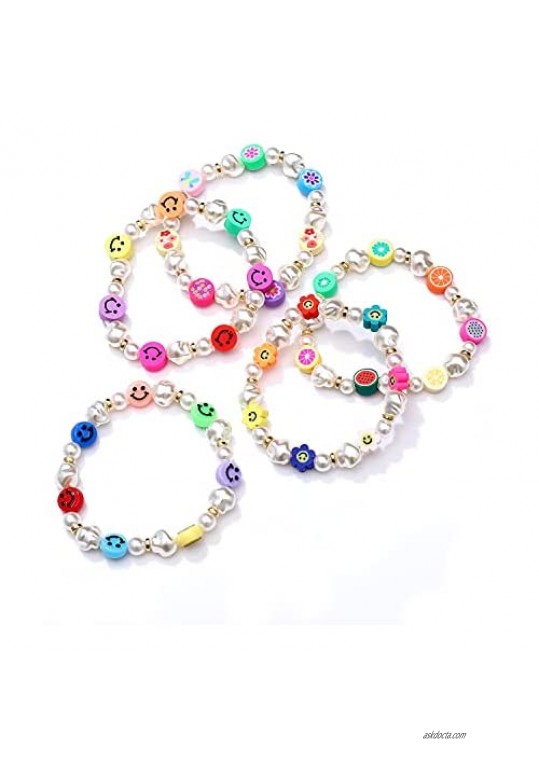 BSJELL Smiley Face Pearl Bracelet Stacked Multicolour Happy Face Fruit Pearl Beaded Stretchy Bracelet Cute Jewelry
