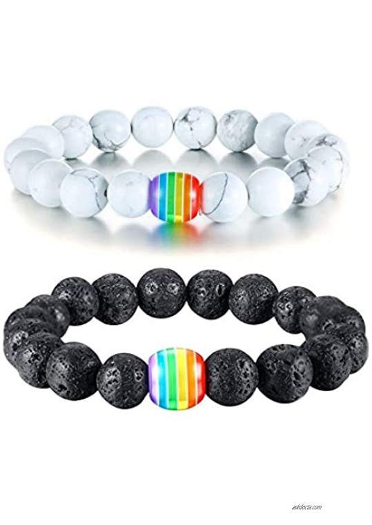 CNLQ 2pcs 10mm LGBTQ Gay Pride Bracelets Bisexual Rainbow LGBT Lesbian Gay Prode Bracelet Women Men Jewelry Gift (Lave Rock & Turquoise)