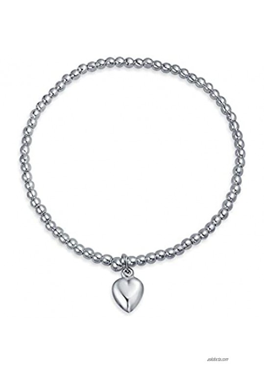 Delicate Heart Tag Charm 3MM Ball Bead Stretch Bracelet For Women For Teen 925 Sterling Silver Adjustable Stackable
