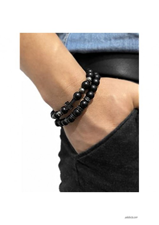 Dolovely Stone Beads Bracelet CZ Cross Charm Black Matte Onyx Natural Stone Beads Bracelet Set for Men Women