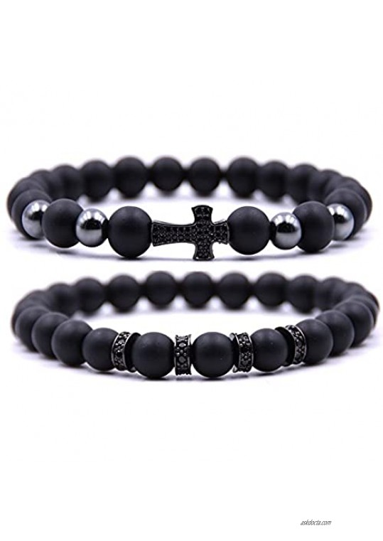 Dolovely Stone Beads Bracelet CZ Cross Charm Black Matte Onyx Natural Stone Beads Bracelet Set for Men Women