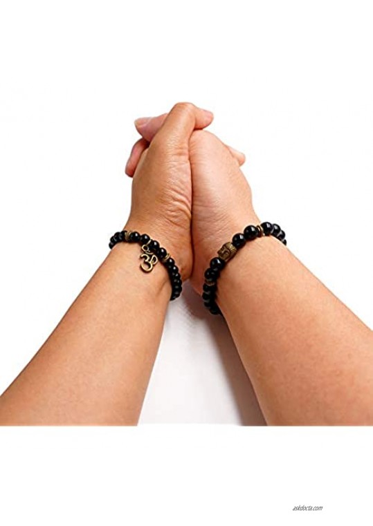 Domika Black Agate Beaded Bracelet Buddha Head & OM Buddhist Prayer Therapy Religious Stretch Bracelet Set