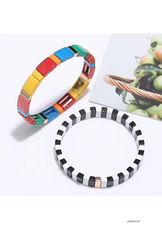 ELEARD Enamel Tile Bracelets for Women Stackable Colorful Tile Bead Stretch Bracelet Party Bracelet Gift for Her 3 Strands