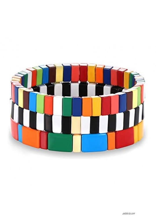 ELEARD Enamel Tile Bracelets for Women Stackable Colorful Tile Bead Stretch Bracelet Party Bracelet Gift for Her 3 Strands