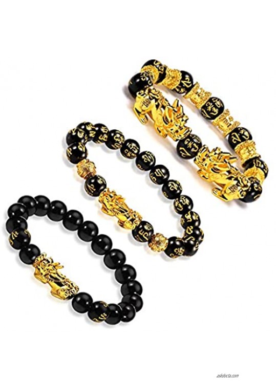 EnjoIt 3Pcs 12mm Feng Shui Black Obsidian Wealth Bracelet Hand Carved Mantra Stone Pi Xiu Bracelet for Mens Womens C2242