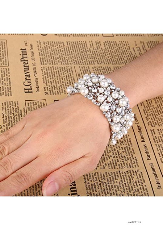 EVER FAITH Women's Austrian Crystal Simulated Pearl Bridal Elestic Stretch Bracelet Clear Silver-Tone