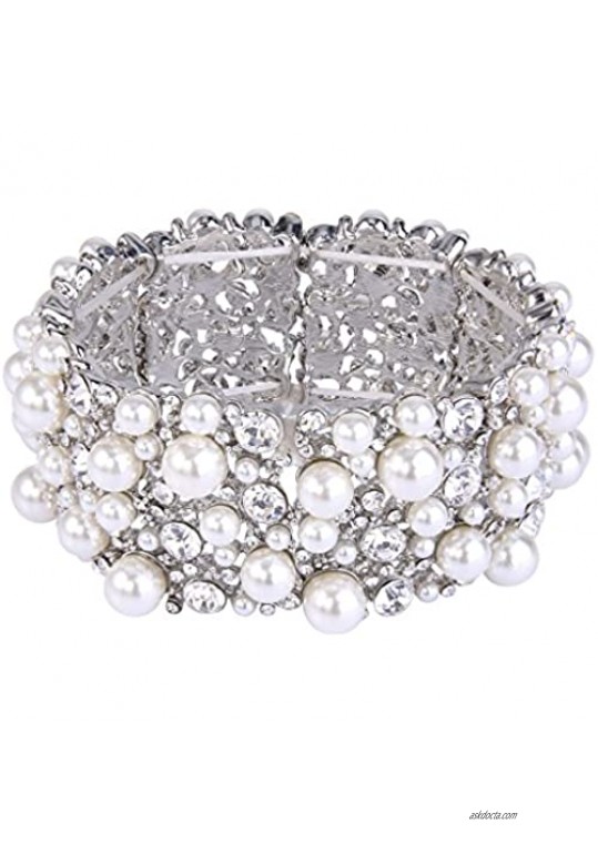 EVER FAITH Women's Austrian Crystal Simulated Pearl Bridal Elestic Stretch Bracelet Clear Silver-Tone