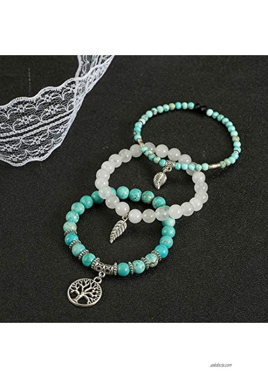 FANCY SHINY Gemstone Bead Bracelets Tree of Life Charms Yoga Healing Stone Bracelet Set for Women