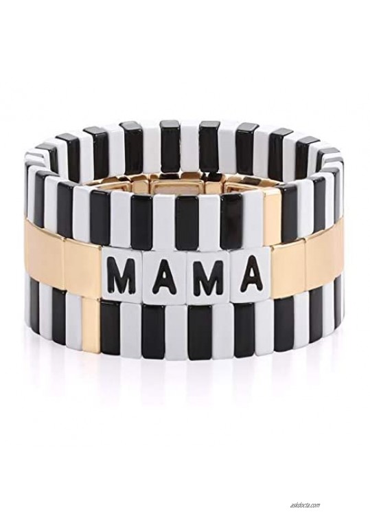 HZEYN Mothers Day Gift Tile Bracelet MAMA Enamel Colorblock Tile Bead Bracelet Stackable Sweet Mama Tile Link Stretch Bracelet Set of 3 Strands Jewelry