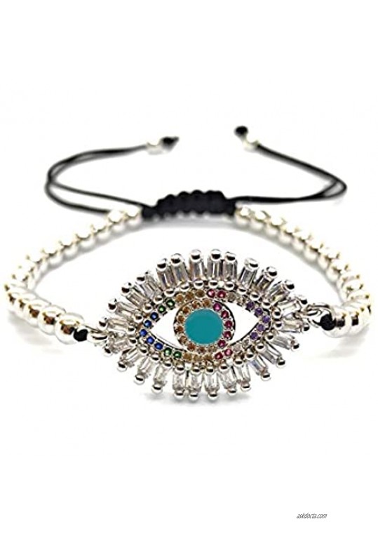 LESLIE BOULES Silver Evil Eye String Bracelet Adjustable 6"- 8" Protection Jewelry