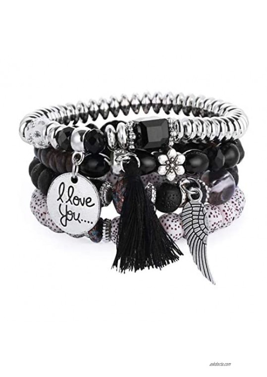 Pony River Boho Bracelets For Women | Bohemian Beaded Stackable jewelry Bracelets Sets | Multilayer Stretch Wing Tassel Natural Stone