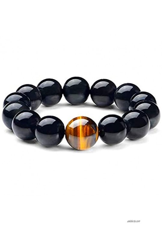 Rustenhof Black Obsidian Bracelet Natural Stone Tiger Eye Bracelets with a Unique Match 10MM or 12MM Beads Good Gift for Men and Women