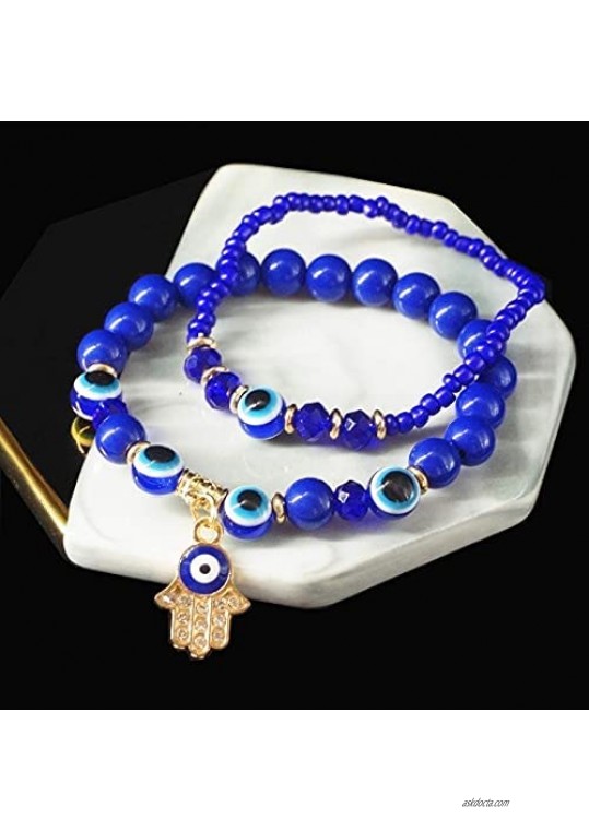 SOKACH 2Pcs Evil Eye Bracelet For Women Men Hamsa Blue Beaded Charm Stretch Hand of Fatima Turkish Greek Jewelry Evil Eyes Azabache Lucky Bracelets Protection Blessing Gifts