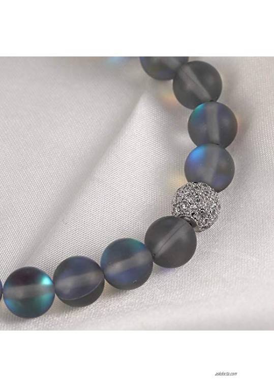 SUMMER LOVE 8 mm Mystic Glowing Mermaid Glass Bracelet Moonstone Beaded Stretch Bracelet with Zircon Crystal Beads