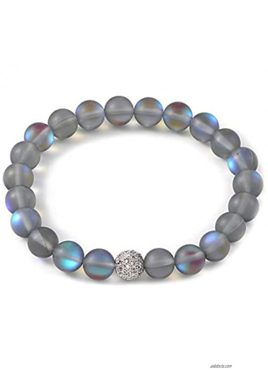 SUMMER LOVE 8 mm Mystic Glowing Mermaid Glass Bracelet Moonstone Beaded Stretch Bracelet with Zircon Crystal Beads