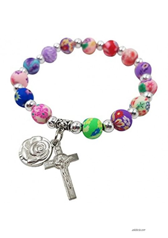 Treasure4U-Store Multi Color Beads Catholic Rosary Bracelet for Women Stretch Bracelets Rose & Cross Charms