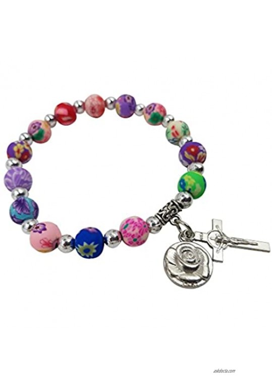 Treasure4U-Store Multi Color Beads Catholic Rosary Bracelet for Women Stretch Bracelets Rose & Cross Charms
