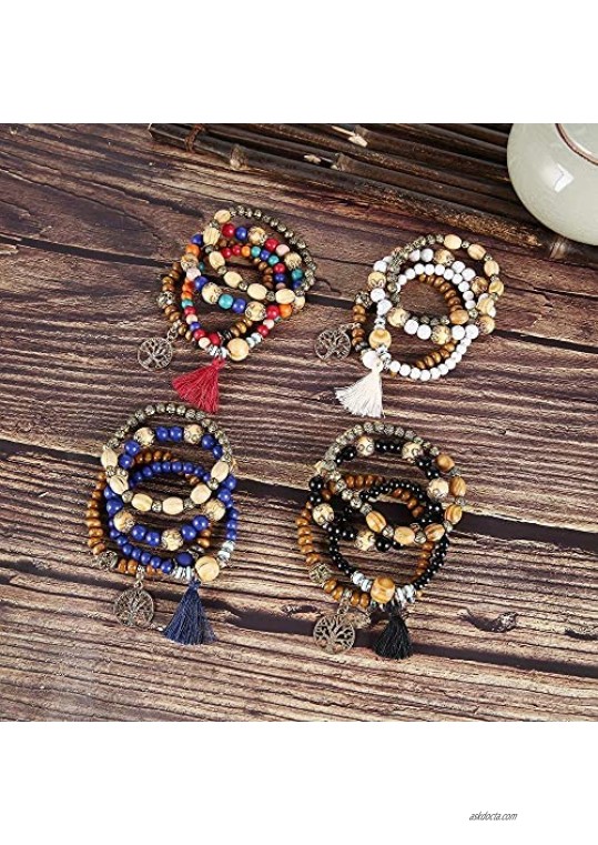 Twinfree 4 Sets Beads Bracelets for Women Bohomia Tassel Bracelet Set Bead Strand Bangle Charm Multilayer Stackable Bracelets…