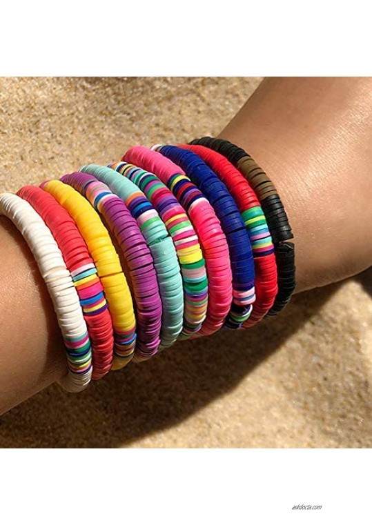 VALIJINA 9Pcs Handmade Beaded Bracelets for Women Heishi Surfer Bracelets Boho Colorful Rainbow Bracelet Elastic Layering Friendship Bracelets Set Summer Beach Jewelry