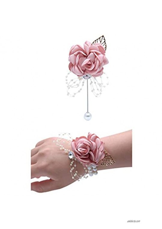 Wedding Wrist Corsage Brooch Set Flower Bead Bracelet Bridesmaid Prom Party JW72 (A)