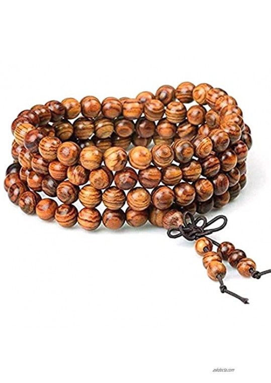 Wening Wood Bracelet 108 Beads Tibetan Buddhist Link Wrist Tiger Skin Spot PatternSandalwood Beads Necklace Prayer Mala Elastic 8mm Unisex