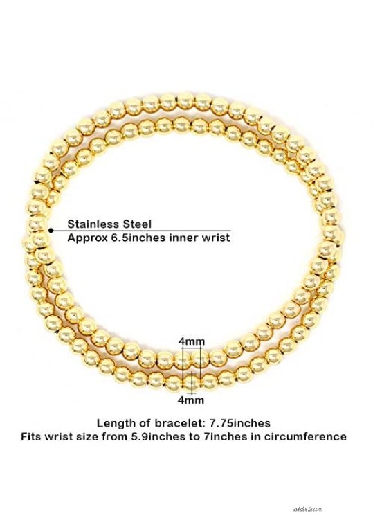 Women Teen Fashion Silver Gold Stainless Steel 2pcs Set Natural Bead (Gemstone) & Crystal Glass Bead CCB Ball Stretchable Elastic Bracelet