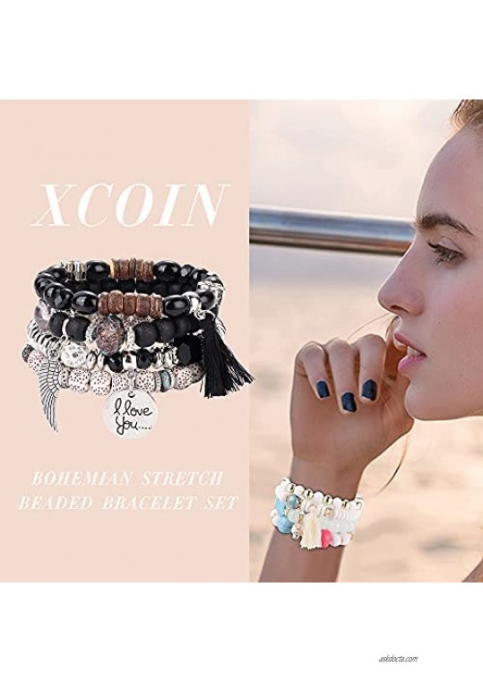 XCOIN 5 Sets Stackable Bracelets for Women Multilayer Beaded Bracelets Set Multicolor Stretch Bangles Bohemian Style