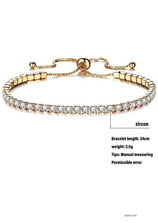 14K Gold Plated Cubic Zirconia Tennis Bracelets for Women Rose Gold Plated Diamond AAA+ Cubic Zirconia CZ Dainty Classic Adjustable Slider Bracelet Silver Fashion Jewelry Wedding Gift