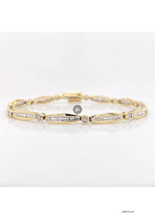 14K Gold Round & Baguette Cut Diamond Bezel and Tapered Link Tennis Bracelet (H-I Color I1 Clarity) - Choice of Metal Color Carat Weight and Length