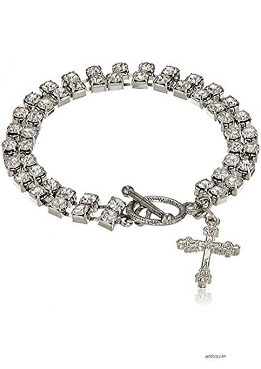 1928 Jewelry Silver Tone Rhinestone Crystal Religious Cross Drop Toggle Tennis Bracelet