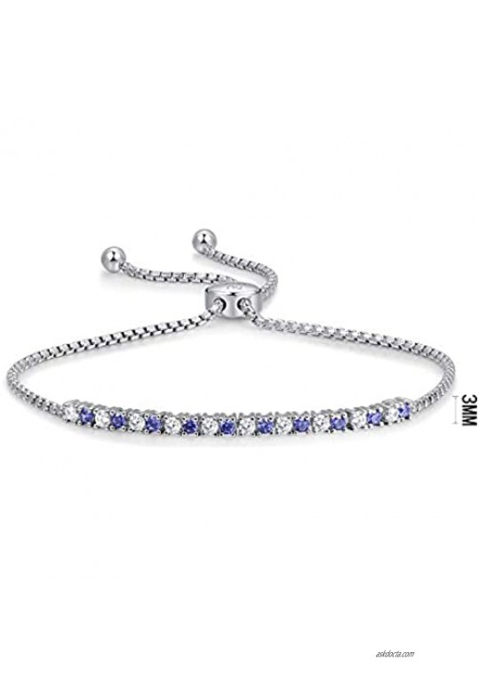 925 Sterling Silver Birthstone Colored Crystal or Cubic Zirconia Bolo Stretch Bracelet Adjustable to 9