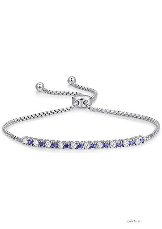 925 Sterling Silver Birthstone Colored Crystal or Cubic Zirconia Bolo Stretch Bracelet Adjustable to 9"