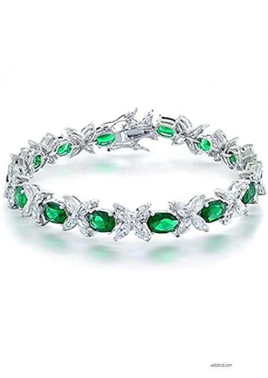 Bling Jewelry Holiday Cubic Zirconia Marquise Star Oval AAA CZ Tennis Bracelet for Women Simulated Gemstone Green Emerald Pink Silver Plated 7.5 Inch