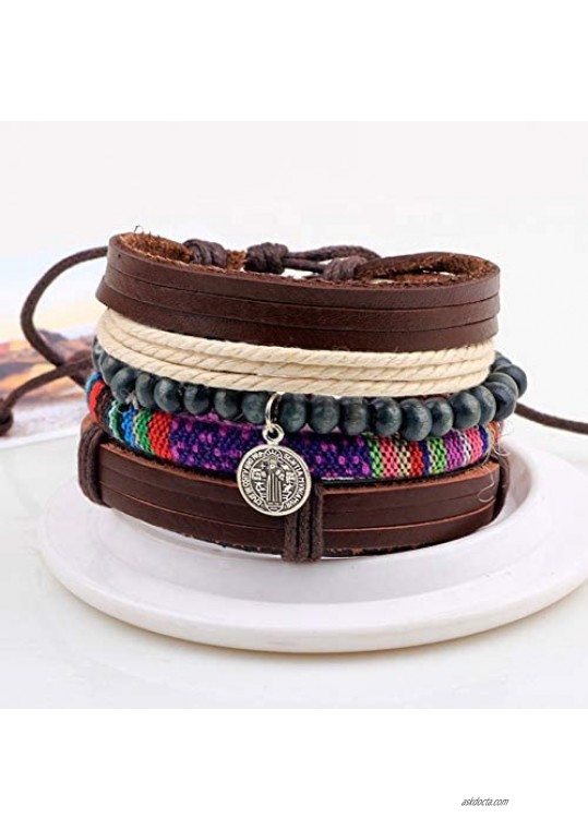 Bohemia Country Nylon & Hemp Ropes Braided Wooden Beads Leather Multilayer Bracelet with metal charm