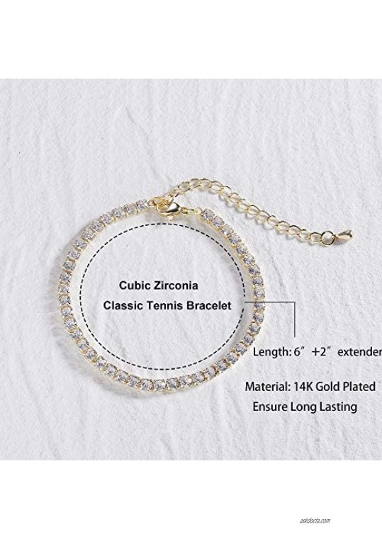 CHESKY 14K Gold Plated Cubic Zirconia Tennis Bracelet for Women Dainty Tiny Cross Bracelet Flat Herringbone Chain Bracelet Handmade Jewelry
