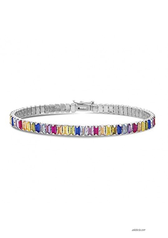 Devin Rose Sterling Silver Rainbow Baguette Cubic Zirconia Tennis Bracelet for Women
