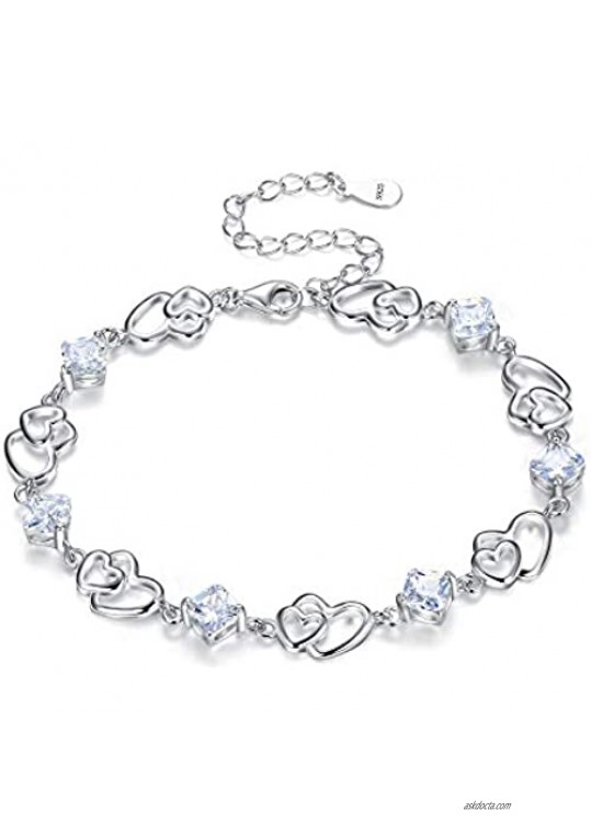 EleQueen 925 Sterling Silver CZ Double Love Open Heart Tennis Bracelet 6.9+1.2 Extender