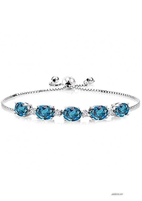 Gem Stone King 925 Sterling Silver London Blue Topaz and White G-H Lab Grown Diamond Women Adjustable Tennis Bracelet (7.76 Cttw  Oval 8X6MM)