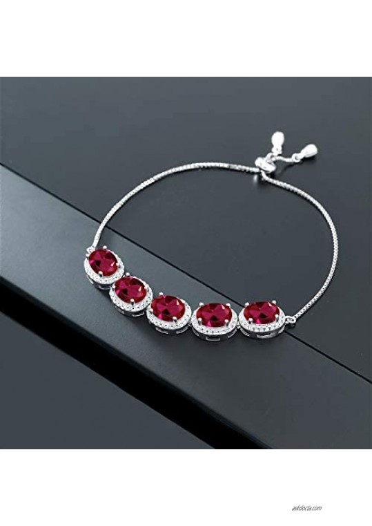 Gem Stone King 925 Sterling Silver Red Created Ruby Adjustable Women Bracelet (11.05 Ct Oval 9X7MM)