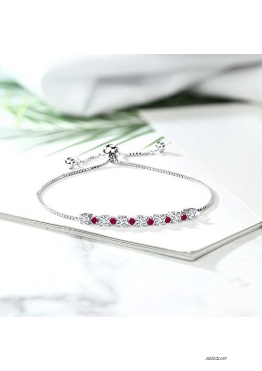 Gem Stone King 925 Sterling Silver White G-H Lab Grown Diamond and Red Created Ruby Adjustable Tennis Bracelet for Women (1.00 Ct Round Cut Fit Up to 9 Inch)