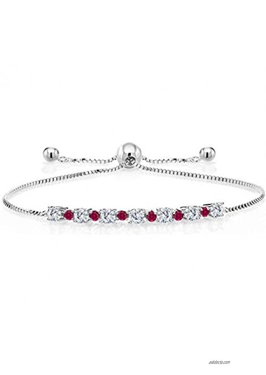 Gem Stone King 925 Sterling Silver White G-H Lab Grown Diamond and Red Created Ruby Adjustable Tennis Bracelet for Women (1.00 Ct Round Cut  Fit Up to 9 Inch)