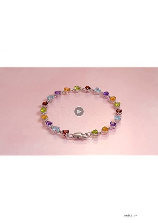 Heart Shaped Multi Colorful Natural Gemstone Tennis Bracelet For Women For Girlfriend 925 Sterling Silver 7 Inch