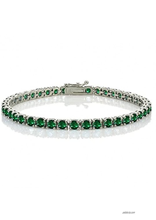 Ice Gems Sterling Silver Created Ruby  Sapphire or Emerald Gemstone 4mm Round Tennis Bracelet
