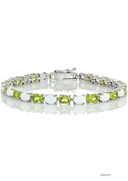Ice Gems Sterling Silver Gemstone and Created White Opal 6x4mm Oval Tennis Bracelet